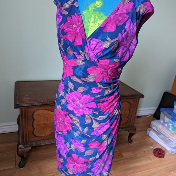 Ralph Lauren faux wrap dress blue with fuscia pink and cherry flowers. - Picture 3 of 10